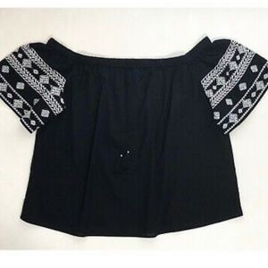 Women’s Short Sleeve Embroidered Black Blouse